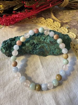 Pulsera Agua Marina,Cuarzo Rosa,Amazonita ,Thulite 0,6 cm