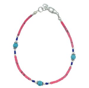 Pulsera Nepalés de Gemas Extra Finas - Cuentas de Coral Rosa y Turquesa