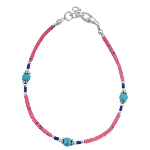 Pulsera Nepalés de Gemas Extra Finas - Cuentas de Coral Rosa y Turquesa