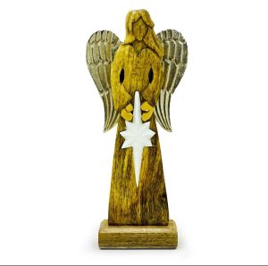 Angel Grande de Madera de Mango de la Paz Alas de Metal y Detalle de Esmalte - 30cm