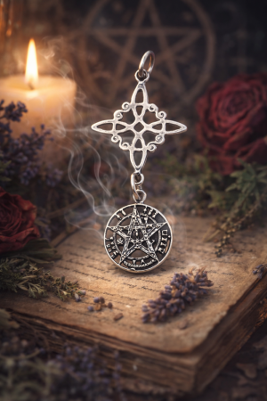 COLGANTE PLATA DE LEY  925 (DE 35 X 16 MM )EN DOBLE PROTECCIÓN (TETRAGRAMMATON 10 MM CON NUDO DE BRUJA