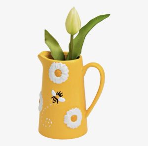 Jarrón con decoración de abejas/flores de loza, amarillo/blanco (A/A/P) 11x14x8cm